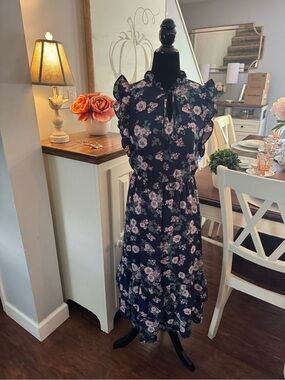 Floral Ruffle Midi Dress - Navy with Pink Flowers